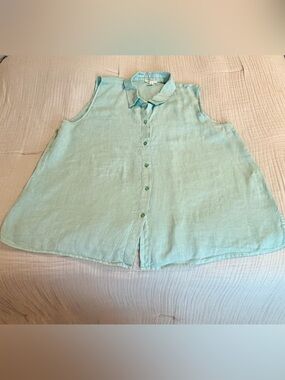 Eileen Fisher Women’s Organic Linen Sleeveless Button-Front Top in Aqua. Sz XL